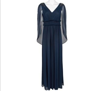 Papell V-Neck Cape Embellished Shoulder Ruched Keyhole